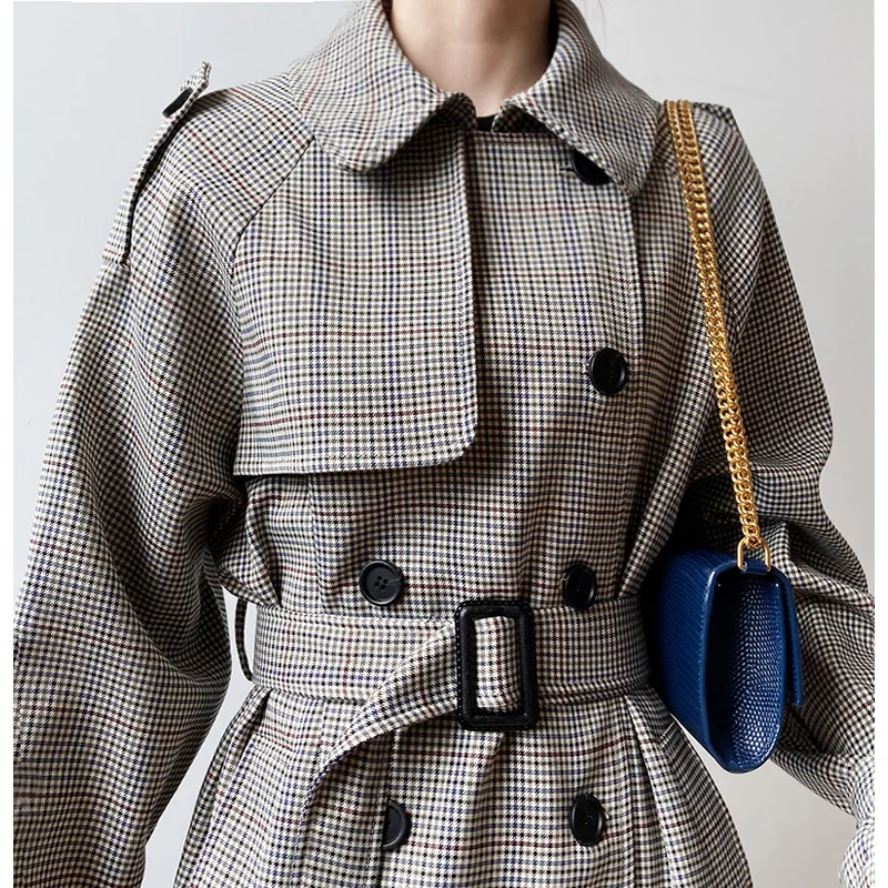 Mooirue Houndstooth Plaid Mid-length Trench Coat For Women Over Knee Autumn Winter Double-breasted Long Coat 1.1kg