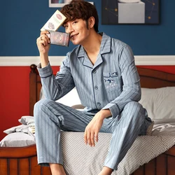 Spring Autumn Winter Men Pajamas Set Turn-down Collar Long Sleeve Trousers Sleepwear Leisure Pyjama Night Pijamas Home Wear 3XL