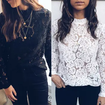 

2020 Women Long Sleeve Shirt Ladies Hollow out Flowers Ladies Flroal Lace Blouses Femme Tops Sexy Mesh See-through Blouse Female