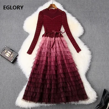 

Ball Gown Dress 2020 Spring Fashion Women Gradient Color Print Cascading Ruffle Lace Polka Dot Mesh Patchwork Long Sleeve Dress