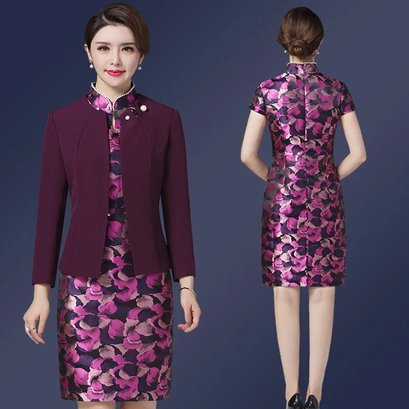 Винтажное ретро платье, костюмы для женщин, Qipao, тонкое, облегающее, миди платье, офисное, для девушек, мам, Формальное, для работы, для свадьбы, комплект из 2 предметов