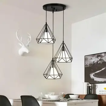 

3Heads Iron painted industrial lamp E27 diamond lights LED pendant Lights for living room kitchen Modern Black Cage