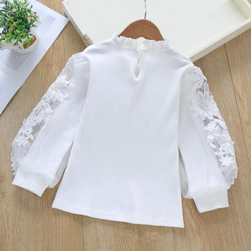 Autumn School Girls White Blouse Long Sleeve Lace Floral Shirts Kids