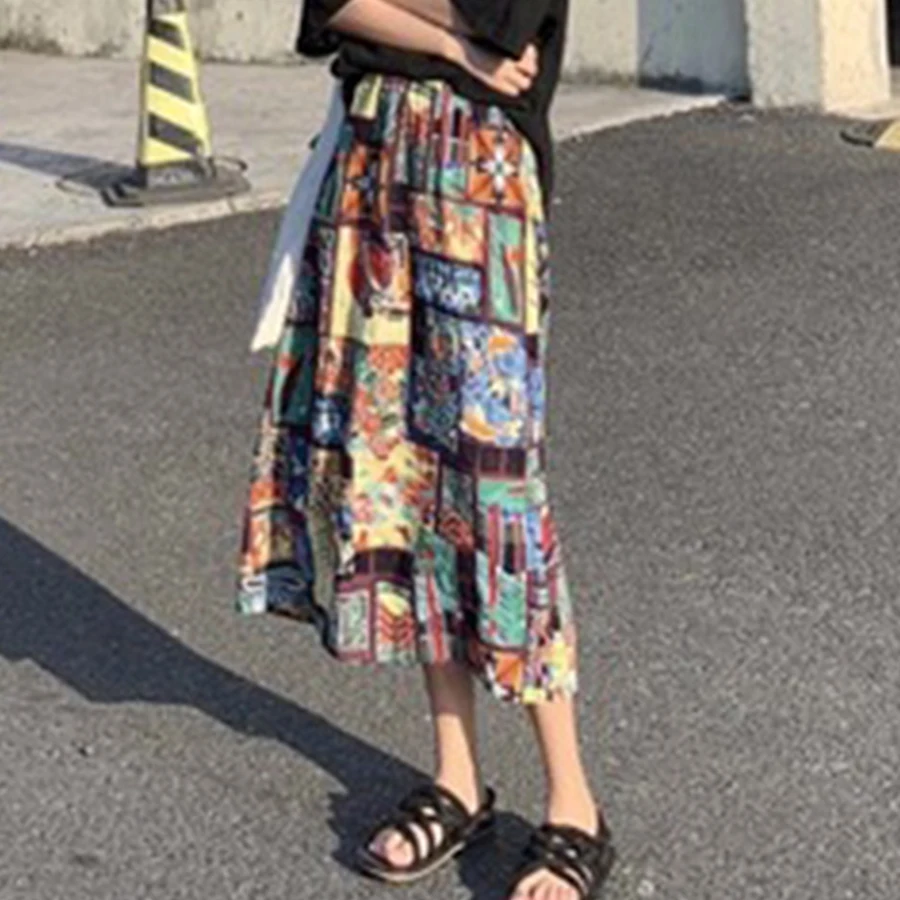 Harajuku юбка с принтом женская одежда осенняя свободная Высокая талия винтажная картина маслом женская шифоновая трапециевидная юбка женская