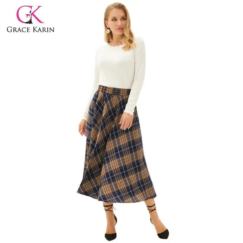 Grace Karin Women Vintage Classic Grid Pattern Plaid High Waist A-Line Skirt Fashion Flared Skirt High Waist Pleated Midi Skirts