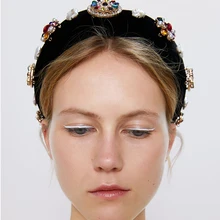 ZA брендовые Роскошные Этнические толстые губки широкие бархатные черные повязки на голову многоцветные стразы жемчужный обруч для волос старинный головной убор для женщин
