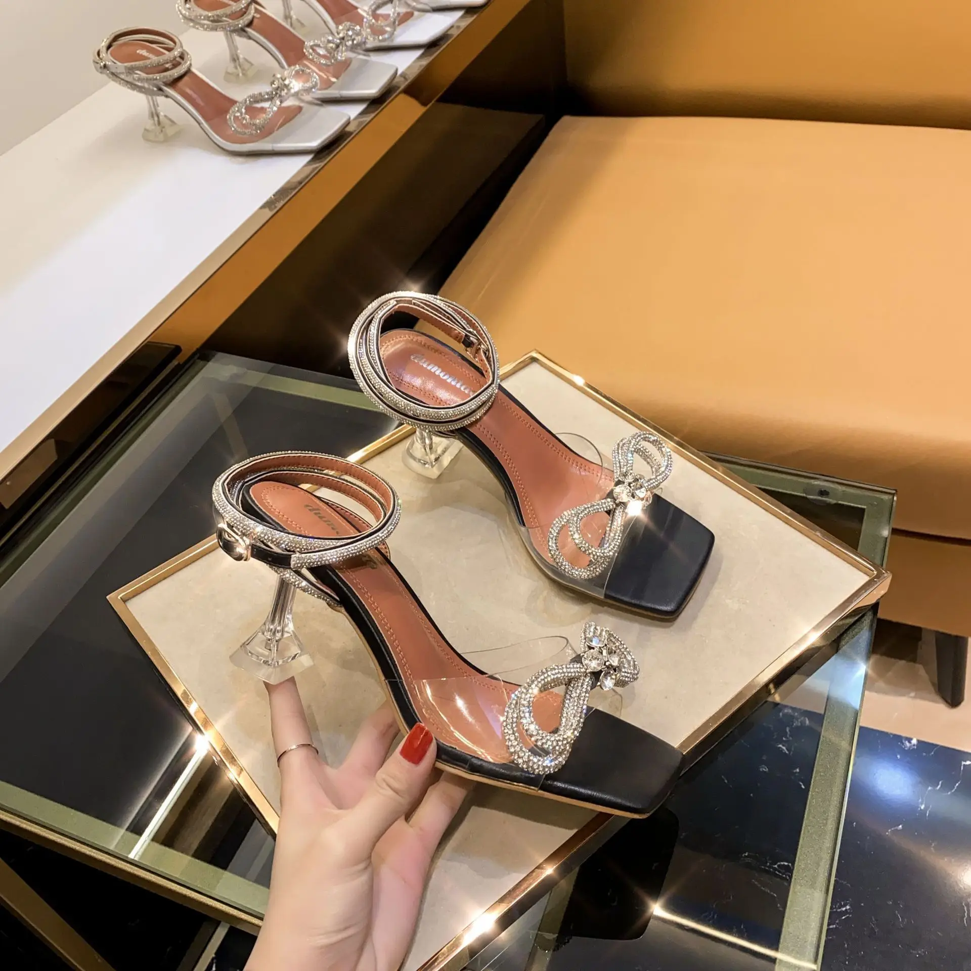 Women High Heels Open Toe Buckle Multicolored Rhinestone Square Stiletto