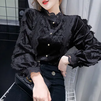 

2020 Winter Autumn Elegant Ruffle Blouse Women Lace Velvet Splicing Long Sleeve Shirts Tops Office Lady Collar Blouse T1925