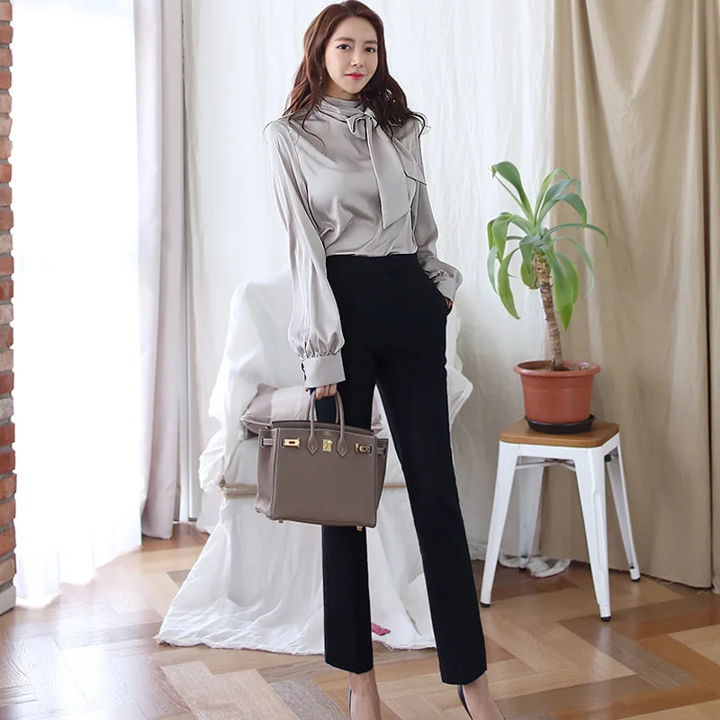 

Two-Piece 2020 Autumn Clothing Korean-style Elegant Bow Lace-up Shirt Slim Fit Suit Pants Business Suit Women's