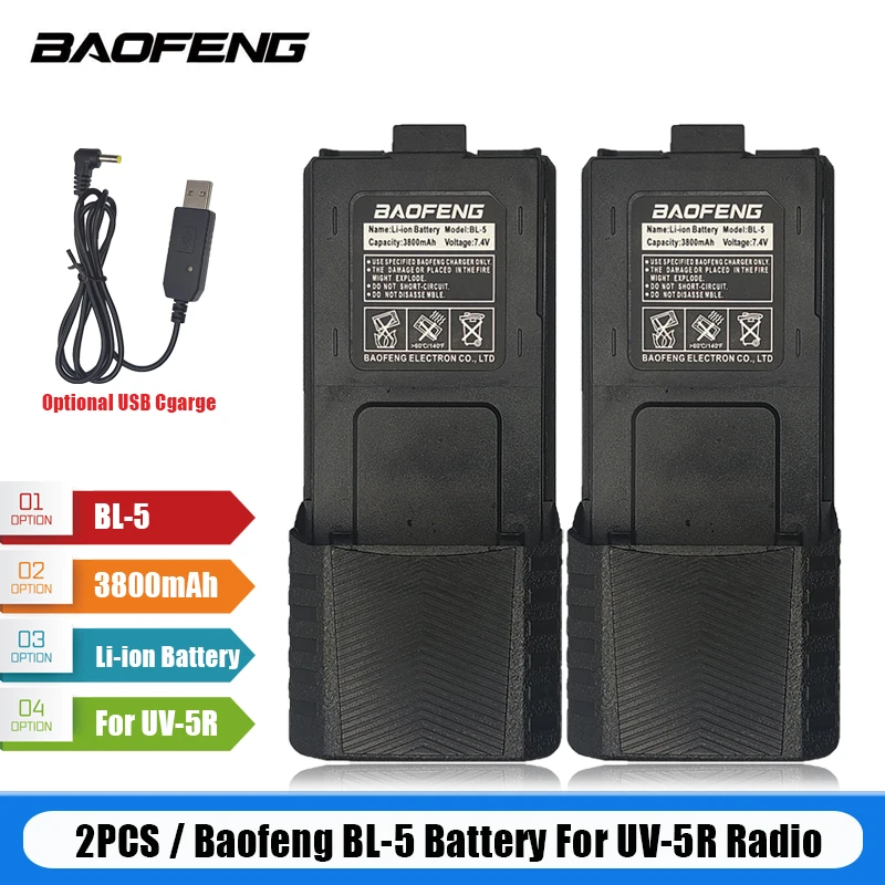 BAOFENG UV-5RA Battery For Pofung UV5R UV-5RE DM-5R Plus BF-F8 RT-5R RT5 Walkie Talkie BL-5 Battery 3800 Compatible USB 1/2PCS