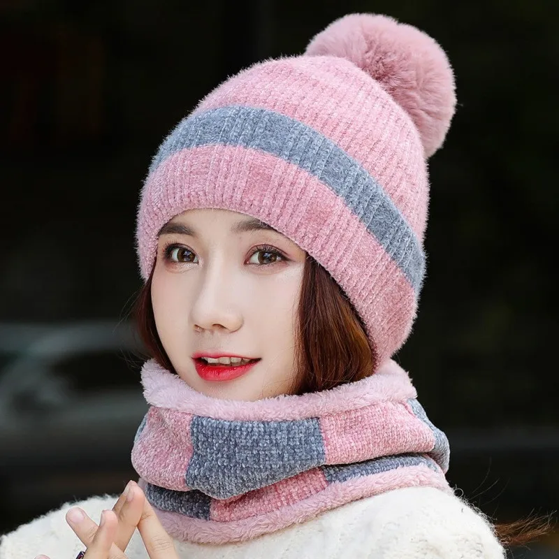 Осенне-зимняя вязаная женская шапка, шарф, набор, плюшевые толстые теплые шапочки и шарф-кольцо, женские вязаные зимние шапки, набор - Цвет: pink hat set