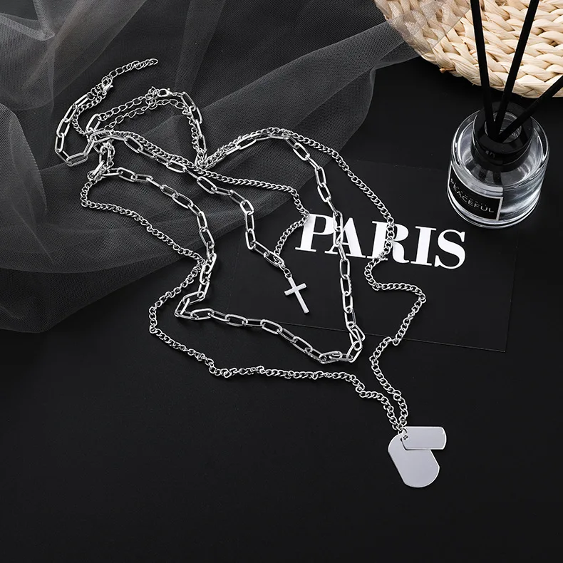 Europe And America Hip Hop Trend Multilayer Versatile Splittable Cross Necklace Elegant a Normcore Style Three-piece Set Choker