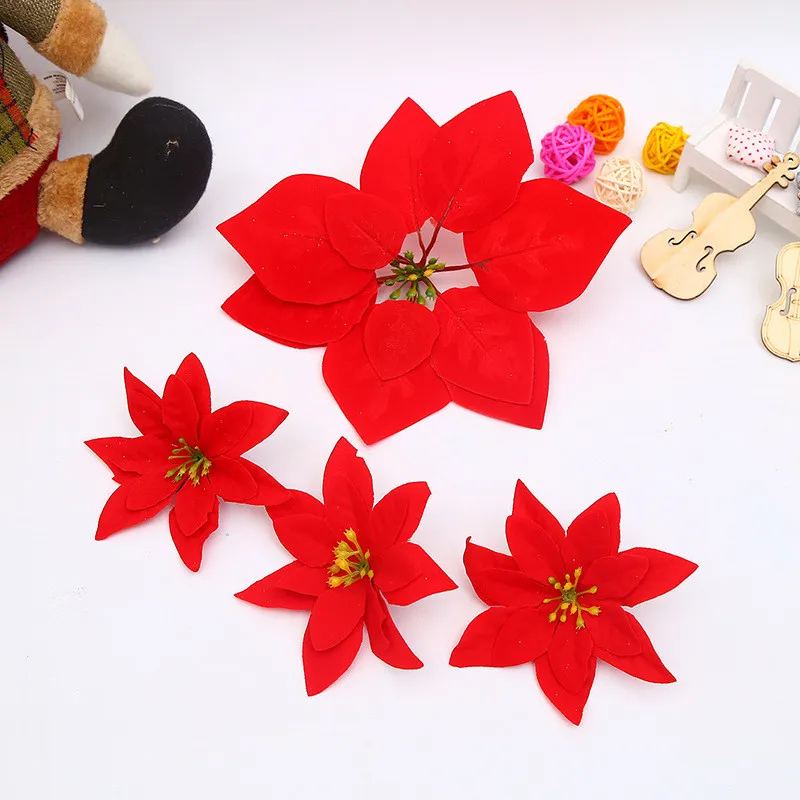 10 шт. искусственные красные рождественские цветы Poinsettia Цветок голова шелк Бархат год Рождественская елка украшения