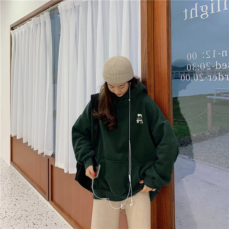 Cartton Print Hoodies Sweatshirts Women Hooded Letter Pullover Loose Velvet Autumn Winter Oversized Outwear Big Pocket Warm W170