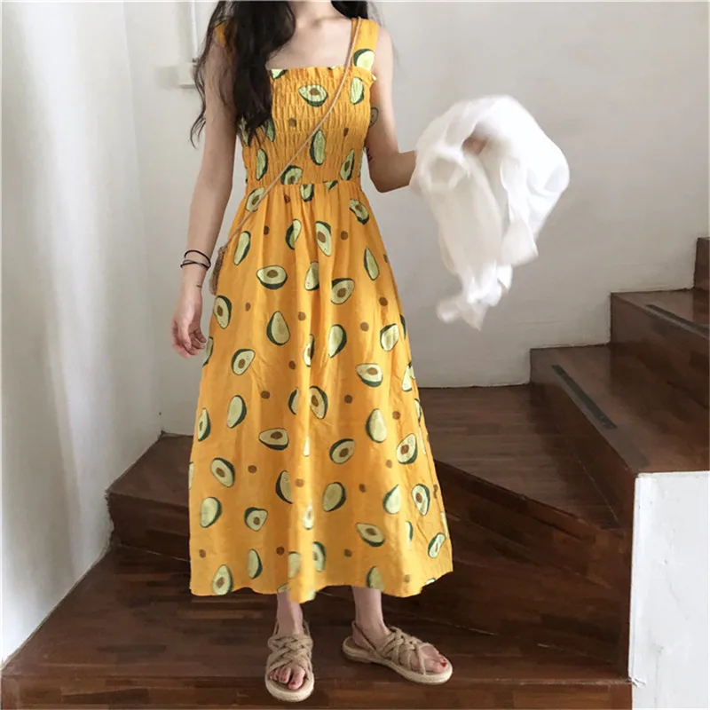 

Focal20 Vintage Avocado Pattern Strapless Women Dress Off Shoulder Summer Lady Dress Loose Color Block Lady Long Dress