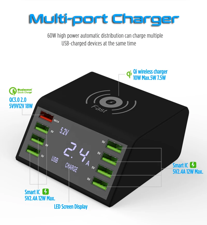 Multi 8 Port Qi Wireless USB Charger 60W LED Display Quick Charge 3.0 Fast Charging Station For iPhone Samsung Huawei Mi Adapter