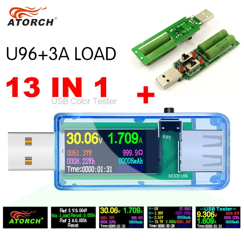 U96 Blue add 3A load 13 в 1 USB Тестер dc Цифровой вольтметр amperimetro напряжение измеритель тока Амперметр детектор power bank индикатор зарядного устройства - Цвет: U96 Blue add 3A load
