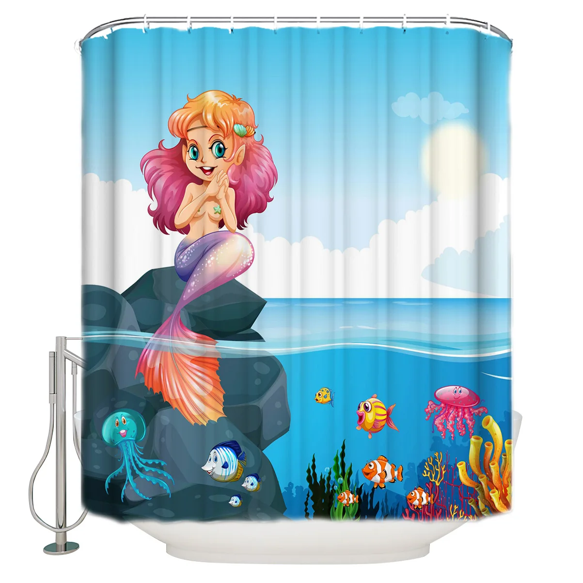 Cartoon Marine Pattern Fish Reef Beautiful Mermaid Bathroom Shower