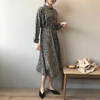 

Womens Floral Dress 2020 Spring New Korean Retro Lapel Waist Long Swing Dot Dress Female 0680