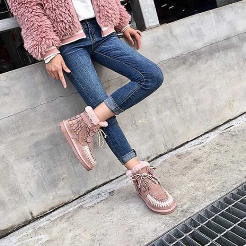 Crystal Lace Up Snow Boots Wool thickened Warm Winter Women Shoes Round Toe Tassel Cowhide Leather Top Quality Booties Ankle