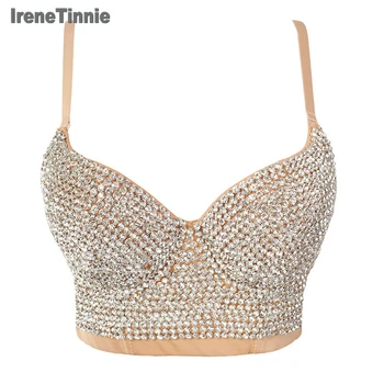 

Irene Tinnie Women New Bright Night Sexy Rhinestone Gaga Bustier Pearls Push Up Night Club Bralette Bra Cropped Top Corset