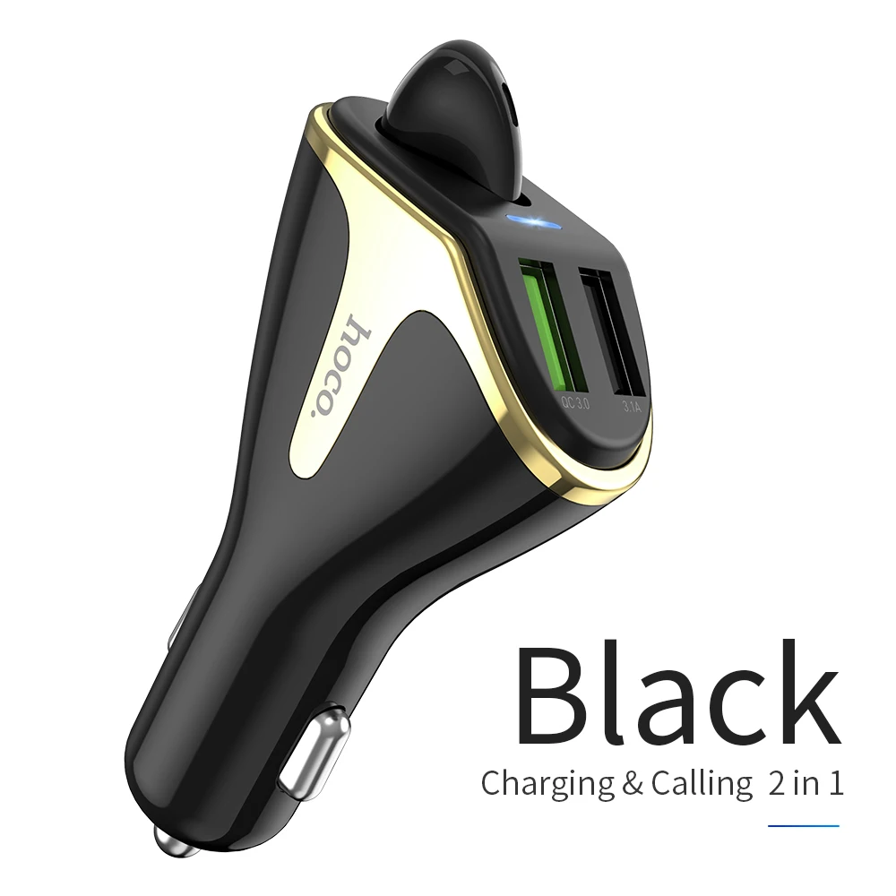 Беспроводное зарядное устройство HOCO 2 в 1 Bluetooth-наушник на одно ухо V5.0 двойной зарядное устройство USB QC2.0 QC3.0 автомобиля-Зарядное устройство для iPhone samsung Xiaomi huawei - Тип штекера: Black