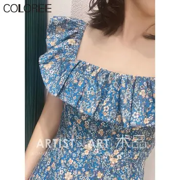 

Summer Elegant Ruffles Blue Floral Printed Long Dress Women 2020 High Quality Runway Bohemian Pleated Linen Dress