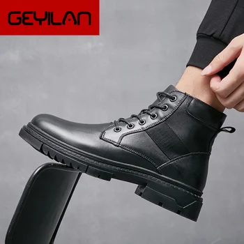 

New Genuine Leather Ankle Boots Autumn Winter Men's Boots Fashion Motorcycle Boots Outdoor Working Snow Boots Men Shoes 2019 New