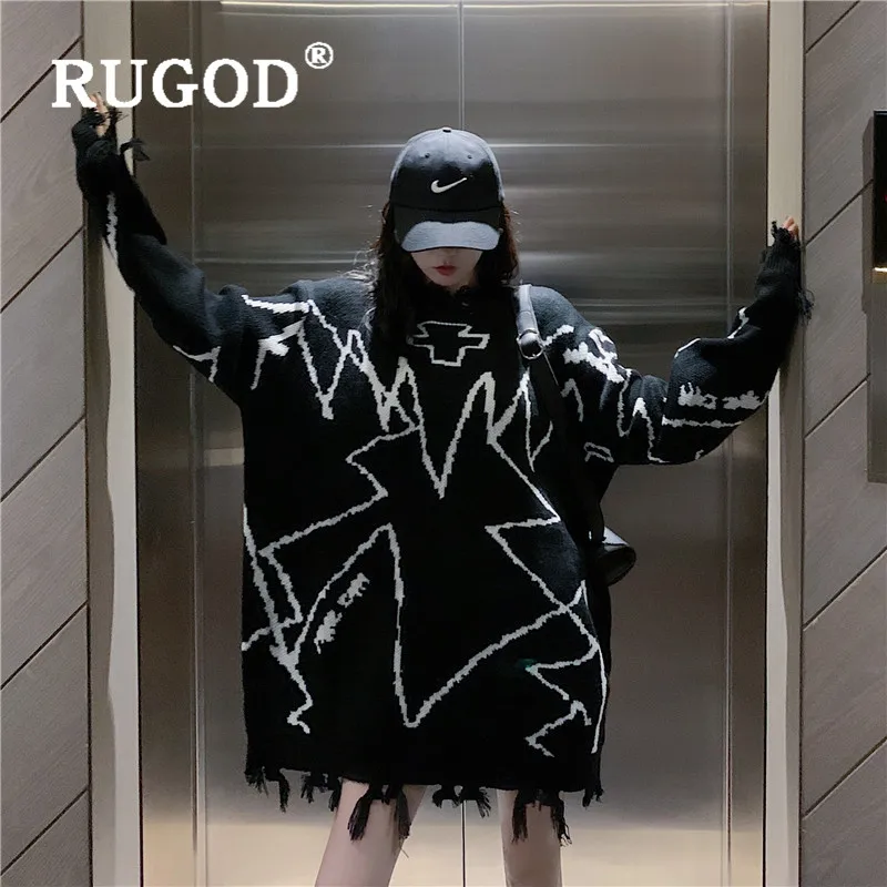 Свитер женский RUGOD свитер с абстрактным принтом и кисточками для женщин, Модный черный пуловер с круглым вырезом и рукавами летучая мышь на осень и зиму, толстый свитер большого размера кофта женская