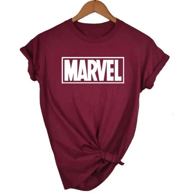 Модная футболка Marvel с коротким рукавом, женская черная футболка с принтом, о-образный вырез, комическая футболка с надпись Marvel, топы, женская цветная одежда, футболка - Цвет: Wine Red-W