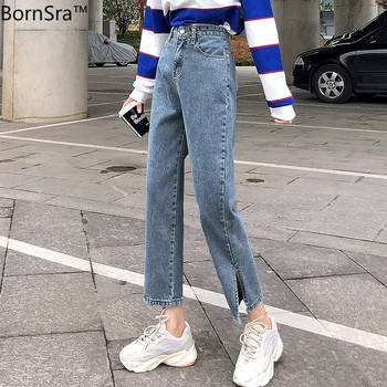 

BornSra Spring Fashion Women Denim Jeans 2020 High-waist Straight Jeans for Women Side Split Jeans Vintage Female Long Pant