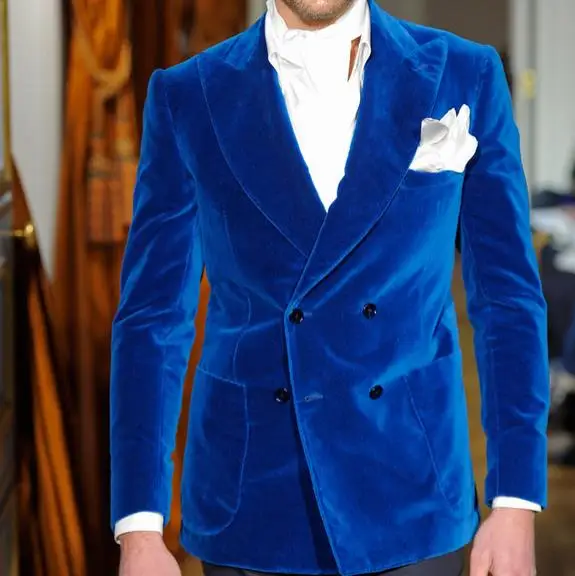 Мода из бархата ярко-синего цвета Slim Fit Мужские свадебные костюмы для выпускного вечера вечерние Для мужчин этап двубортный жениха 2 шт.(куртка+ брюки