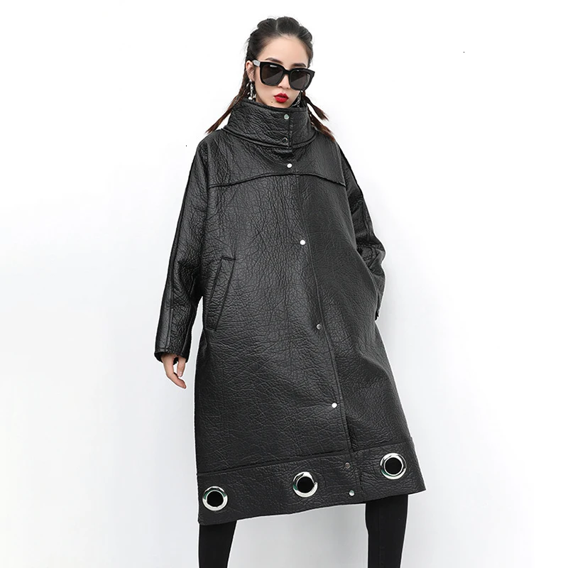 TWOTWINSTYLE Hollow Out PU Leather Lace Up Womens Coats Stand Collar Batwing Sleeve Coat Female Autumn Oversize Fashion New