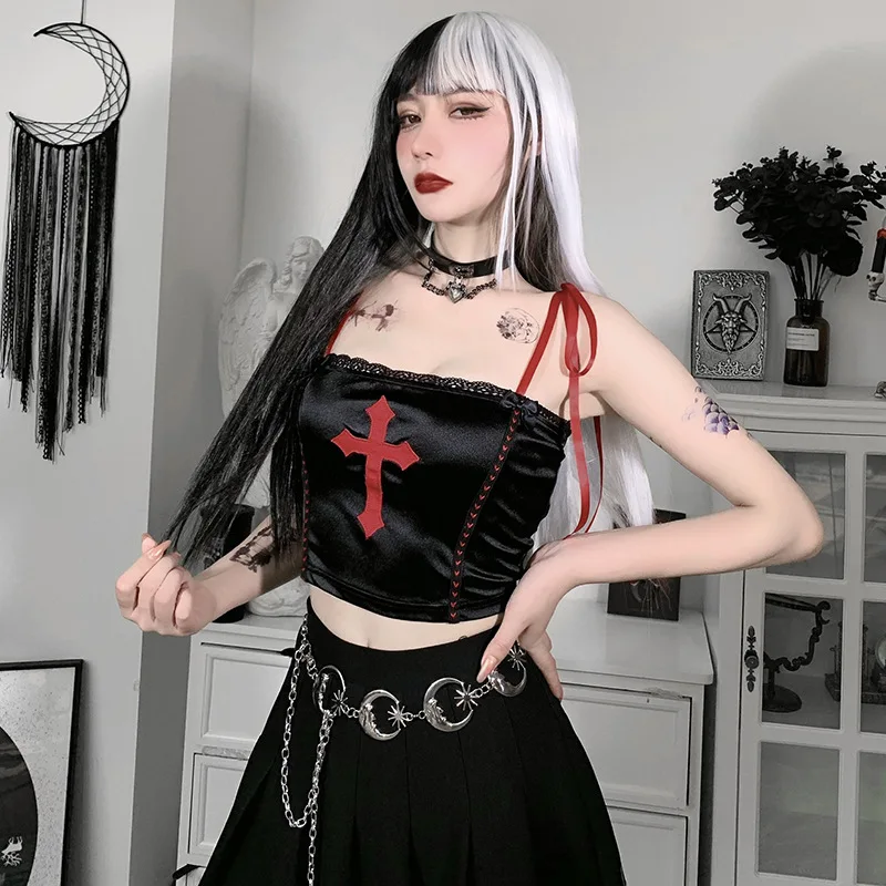 Dark Gothic Women Short Length Camis 2021 Hipster Lady Cross Red Cross Lace Spliced Strap Bow Sexy Camisole Cool Streetwear