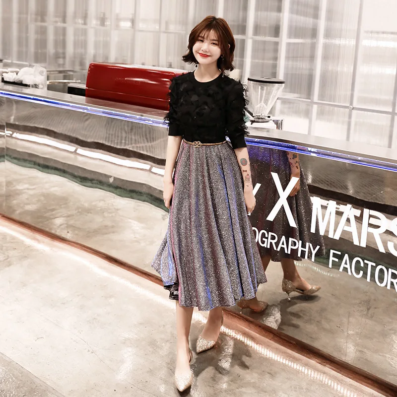 Plus Size Prom Dress New Bling Black Sliver Dresses Women Party Night Customized O-neck 2019 Short A-line Vestidos De Gala E431