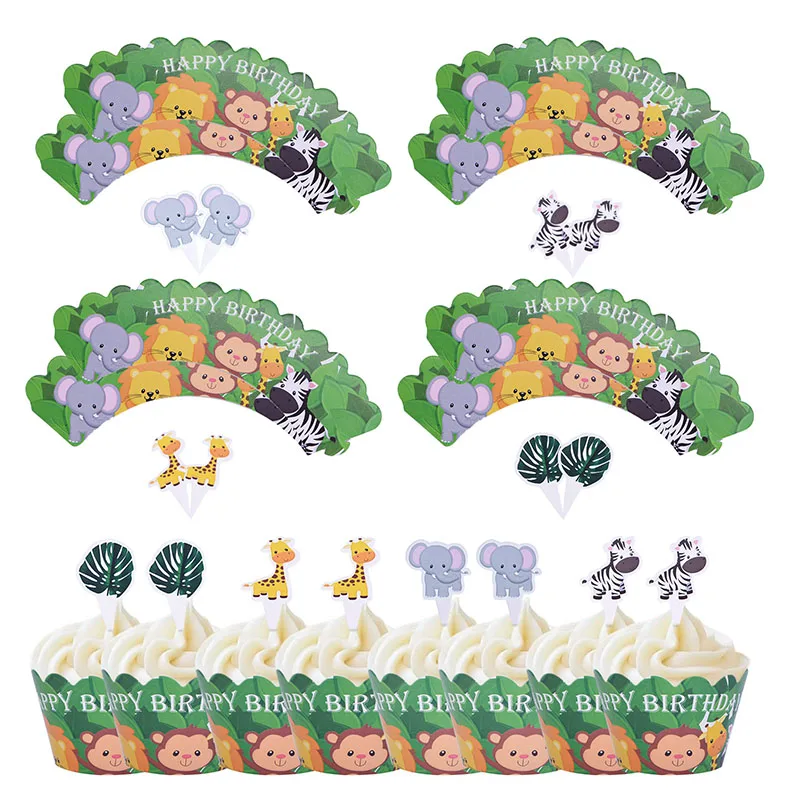 Animal Zebra Lion Giraffe Elephant Leaf Happy Birthday Cup Cake Wrappers Cup Cake Topper Kids Birthday Party Decoration Supplies