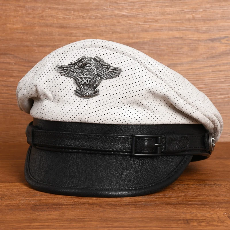 Distressed Retro German Military Caps For Men Male Genuine Leather