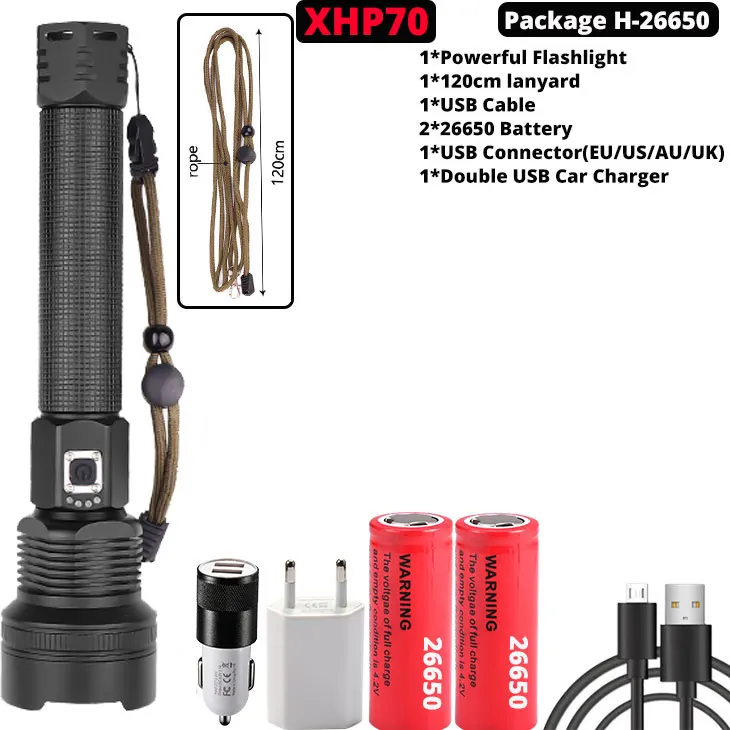 Package H-XHP70 Новейший XHP90 перезаряжаемый светодиодный светильник-вспышка XHP70.2 тактический фонарь Водонепроницаемый фонарь с зумом охотничий светильник Use18650 или 26650 Battey - Испускаемый цвет: Package H-XHP70