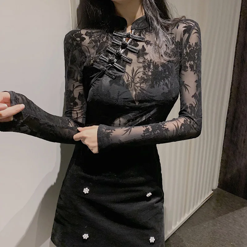 Girls Transparent Lace Blouses Shirts Tees Female Chinese Style Turtleneck Vintage Full Sleeve Black Blouses Tops For Women 2