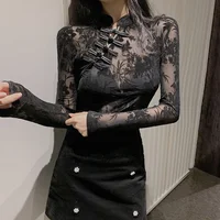 Girls Transparent Lace Blouses Shirts Tees Female Chinese Style Turtleneck Vintage Full Sleeve Black Blouses Tops For Women 2