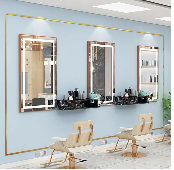 Barber shop mirror hair salon special integrated cabinet marble wall mirror LED light net red hairdressing single side