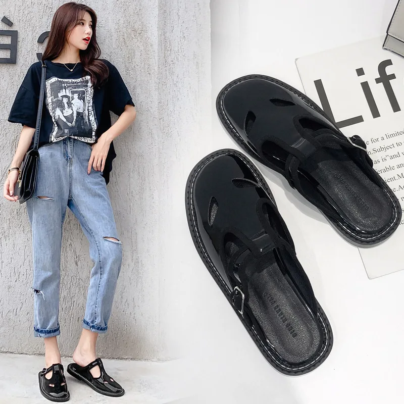 

Shoes Without Heel Women's Slippers 2019 Loafers Flat New Patent Leather Fabric Fretwork Basic Rubber Autumn Classics Retro PU