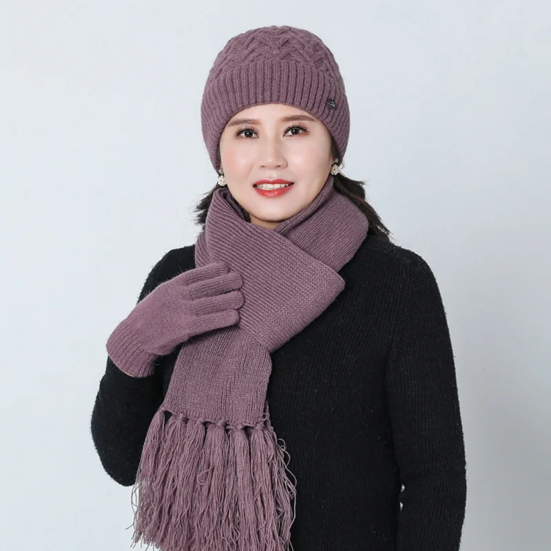 Новинка, вязанная зимняя шапка Skullies с кроличьим мехом, женские шапки бини из плотного хлопка, женский зимний шарф, перчатки, комплект из трех предметов