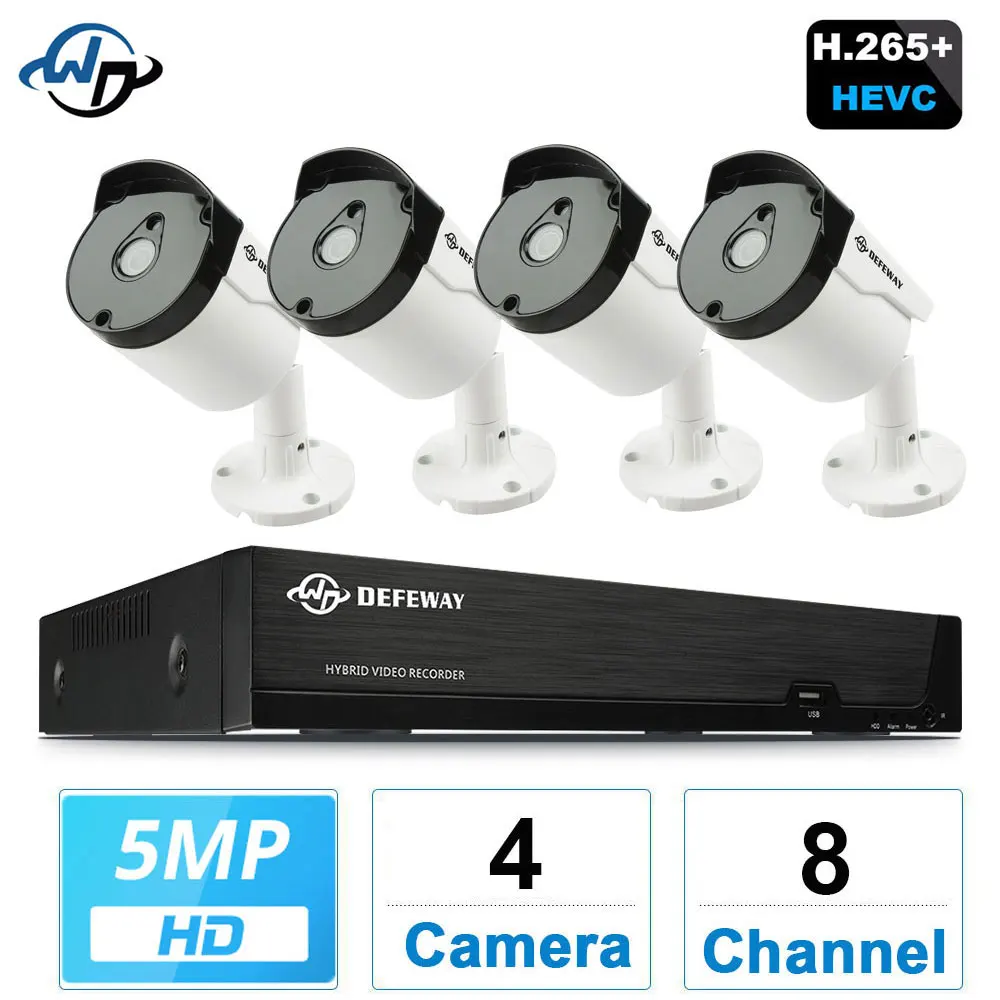 DEFEWAY H.265+ 8CH 5.0MP Video Surveillance DVR Kit CCTV Security Camera System 4 Pcs 5MP AHD Bullet Camera 1TB HDD Optional