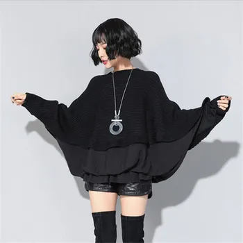 

Autumn Winter New women's bat sleeve stitching chiffon ruffled sweater long sleeve Loose Sweater Black Knitted pullover