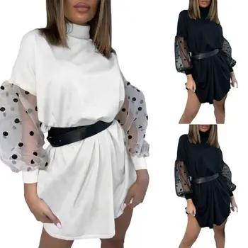 

Women's Evening Party Sexy Bodycon Dress Long Puff Sleeve Mini Dresses Turtleneck Mesh Puff Sleeve Dress