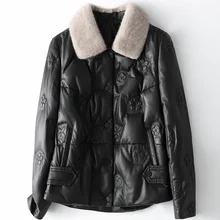 Aliexpress - Winter Loose Printing Fashion New Mink Fur Collar Leather Down Jacket Autumn 2020 Women’s Casual Sheepskin Casual Black Coat