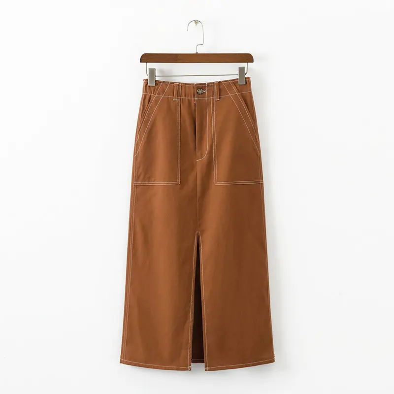 

WOMEN'S Dress 2019 Summer New Style High-waisted Contrast Color Series Line Slit-Front Large Pocket Skirt Women's A8us2210