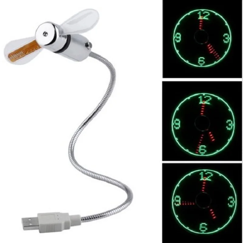 USB Fan Connect PhoDurable Adjustable Mini Flexible Fan LED Light USB Port Time Clock Desktop Clock Cool Gadget Time Display