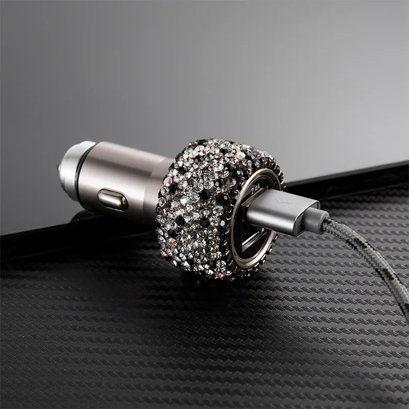 New-Bling-Diamond-Rhinestone-Car-2-in-1-Dual-USB-Port-Fast-Charging-Safety-Hammer-Charger